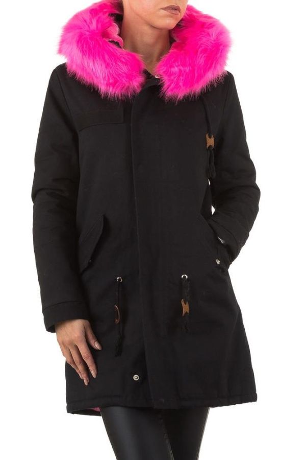 Parka Jacket Long Fuchsia Fur Hood Black FSWS917F1