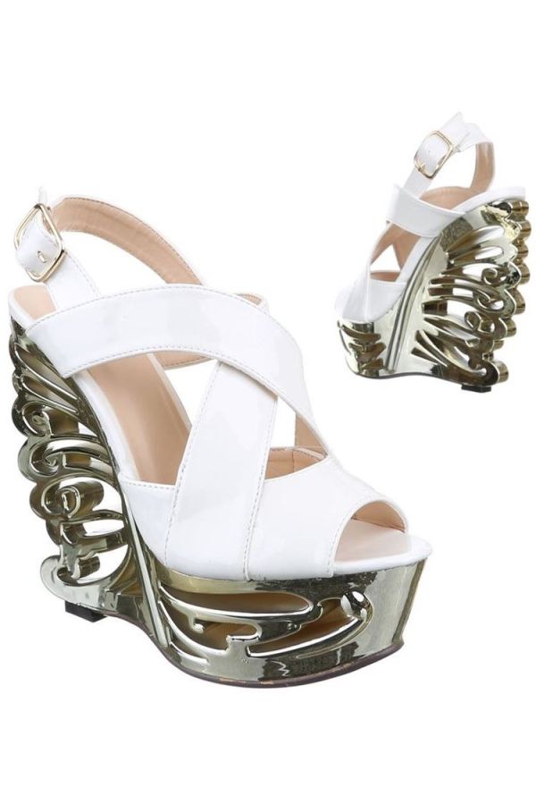 sandals high heeled platform metallic patent white.