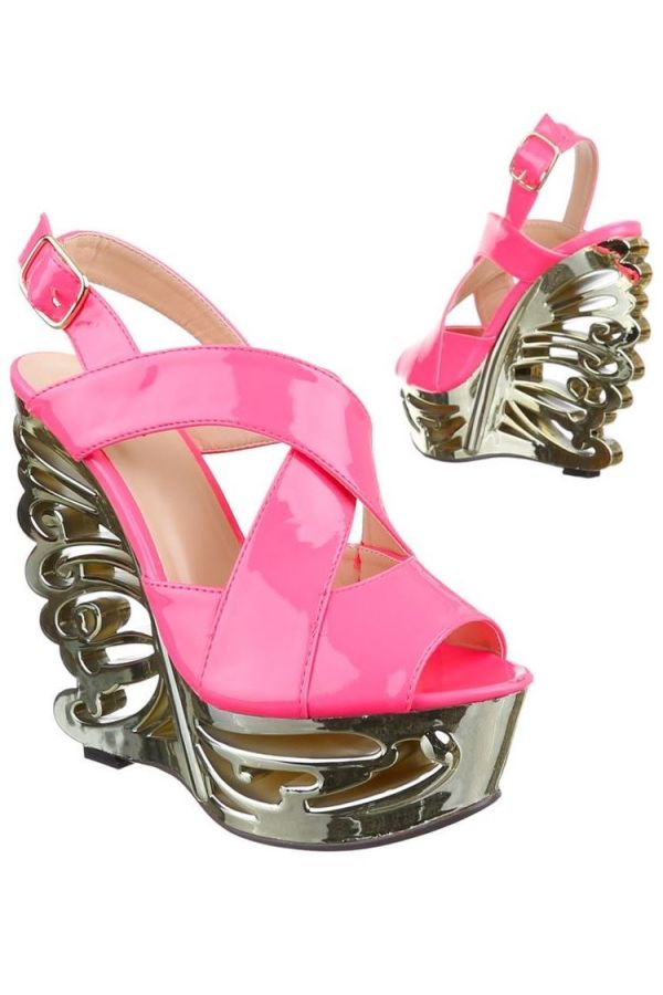 sandals high heeled platform metallic patent fuchsia.