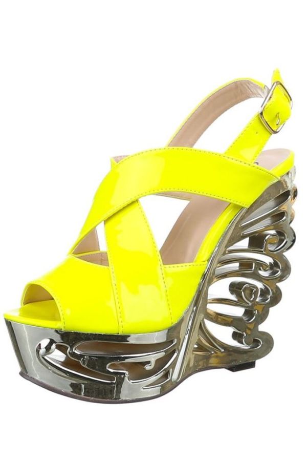 sandals high heeled platform metallic patent yellow.