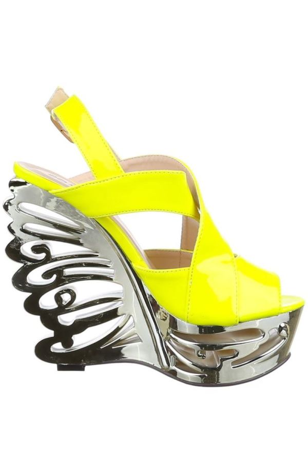 sandals high heeled platform metallic patent yellow.