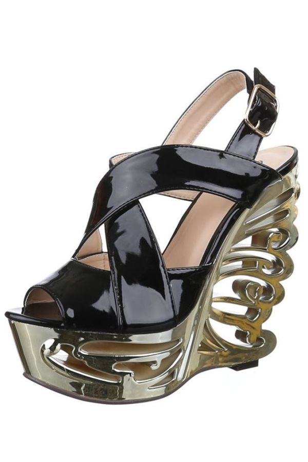 sandals high heeled platform metallic patent black.