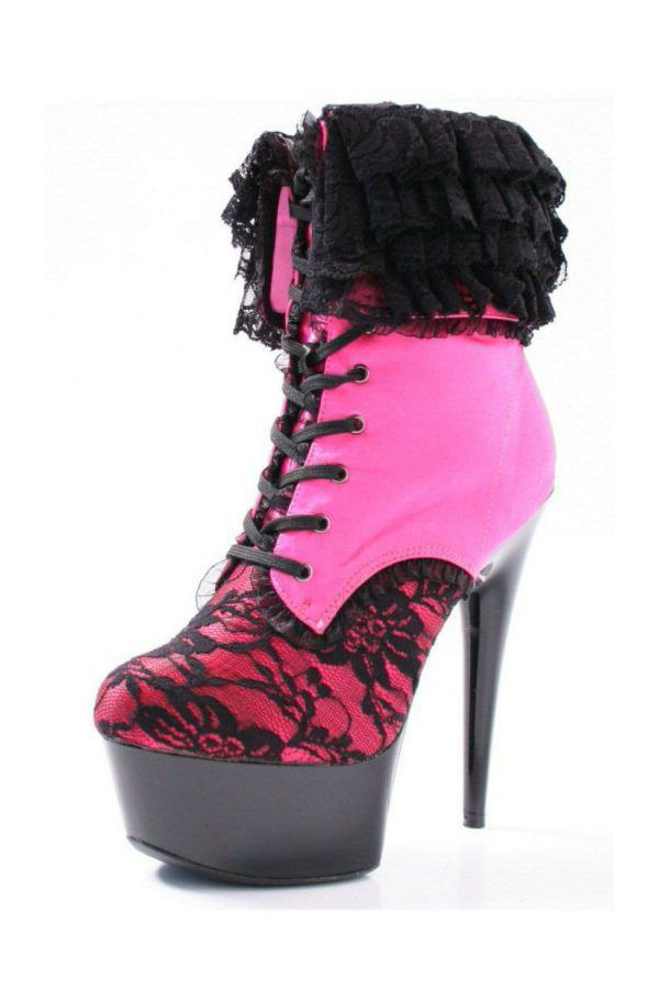 high heel ankle boot with cords decorated with lace pink