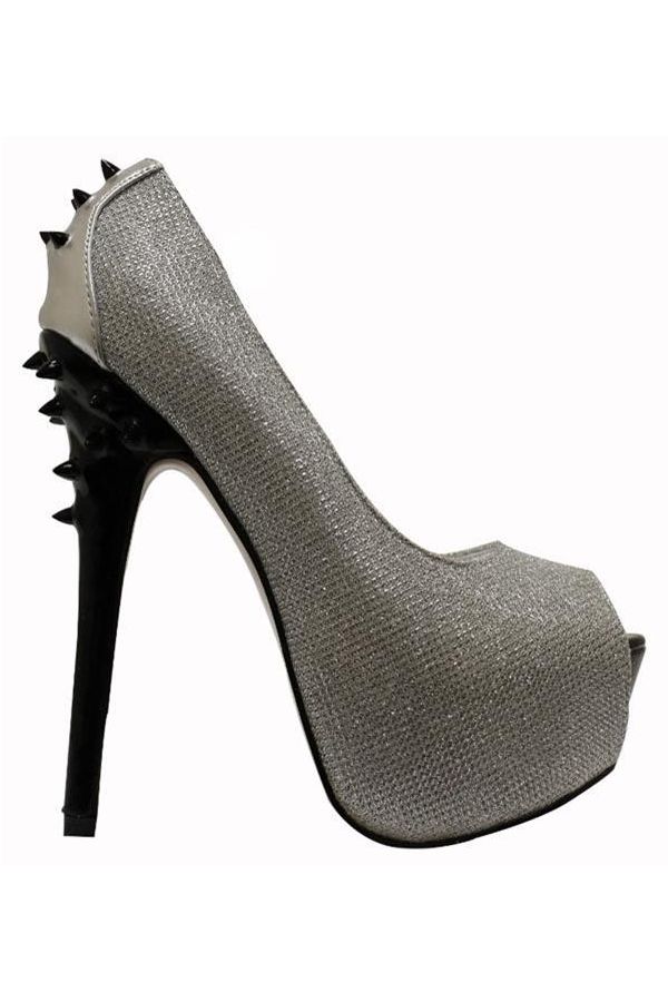 high heeled metallized peep toe decorated with studs silver