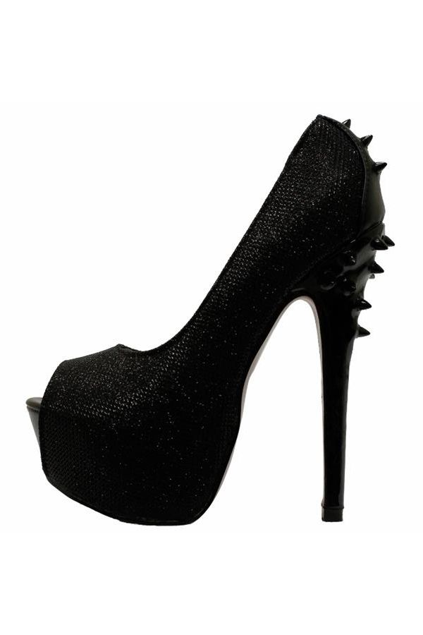 high heeled metallized peep toe decorated with studs black