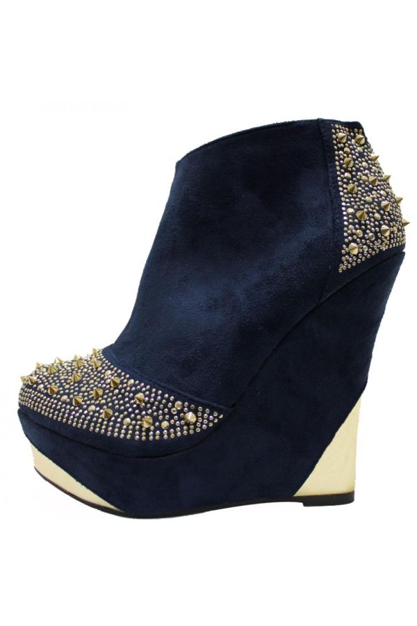 women suede ankle boot with golden studs and panels blue