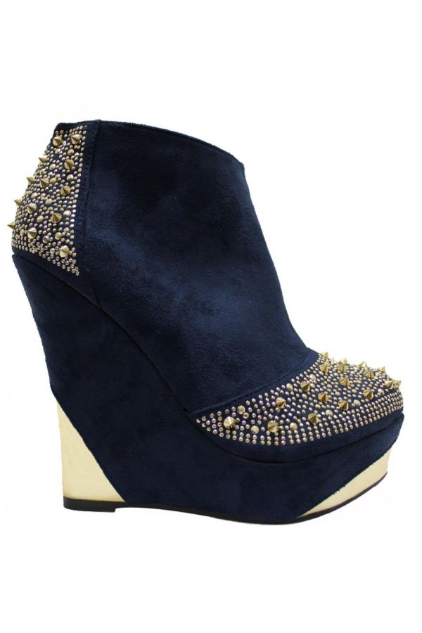 women suede ankle boot with golden studs and panels blue