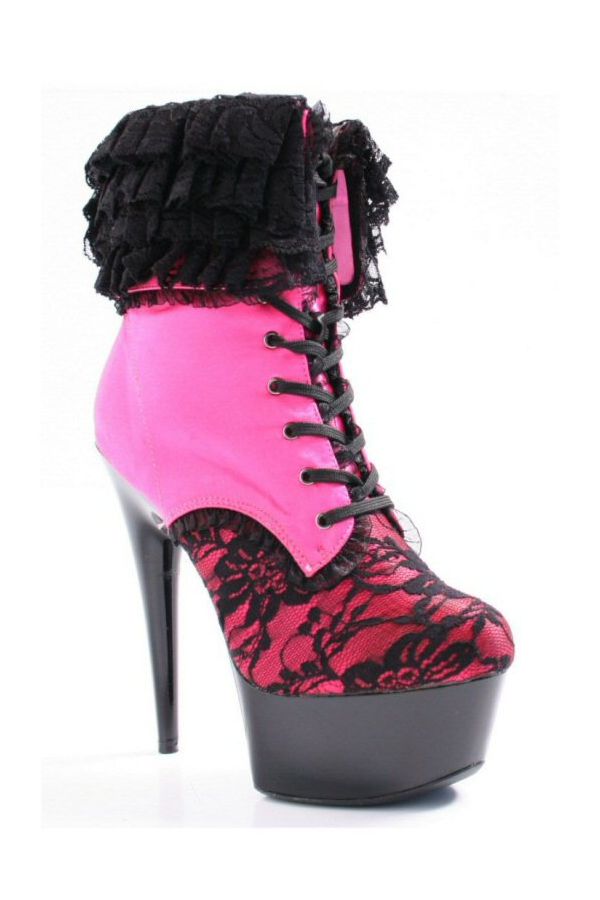 high heel ankle boot with cords decorated with lace pink