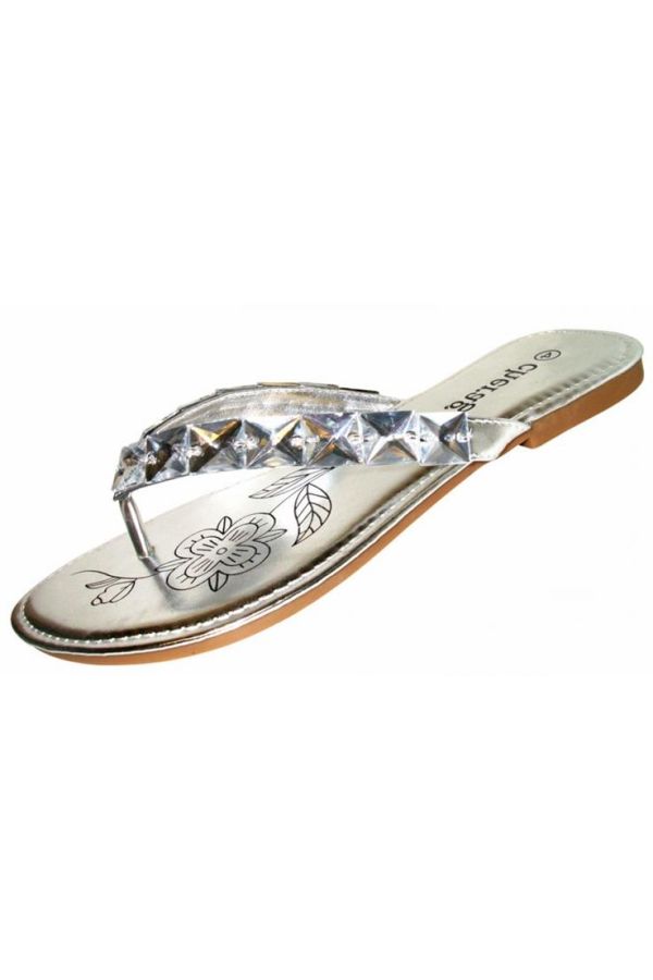 flip flop with flat heel decorated with stones silver