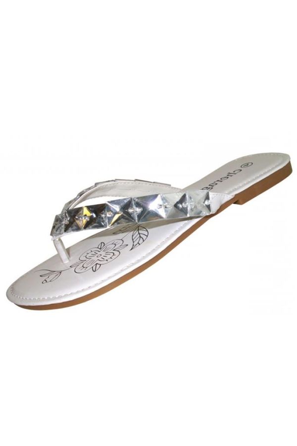 flip flop with flat heel decorated with stones white