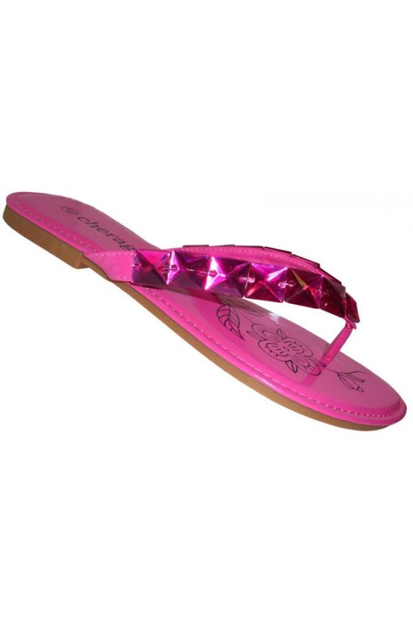 flip flop with flat heel decorated with stones fuchsia