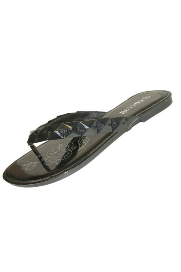 flip flop with flat heel decorated with stones black