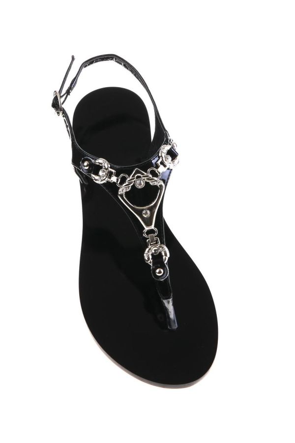 sandal flat silver decoration rhinestones patent black.