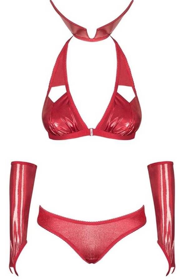 lingerie set bra string collar mittens metallic red.