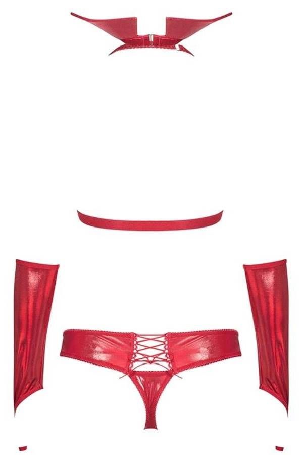 lingerie set bra string collar mittens metallic red.