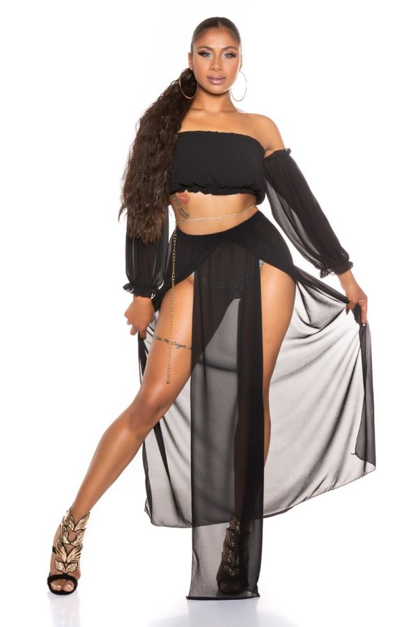 Set Maxi Skirt Top Latina Chiffon Black ISDT831821