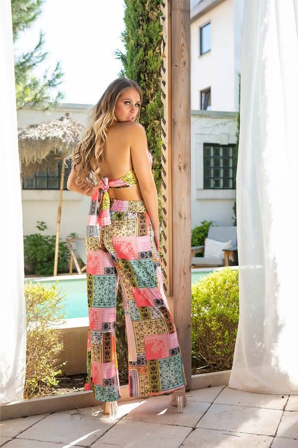 set wide pants top tied colorful coral.
