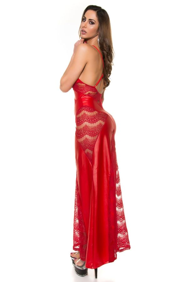 Φόρεμα Maxi Wet Look Δαντέλα Κόκκινο ISD1859815