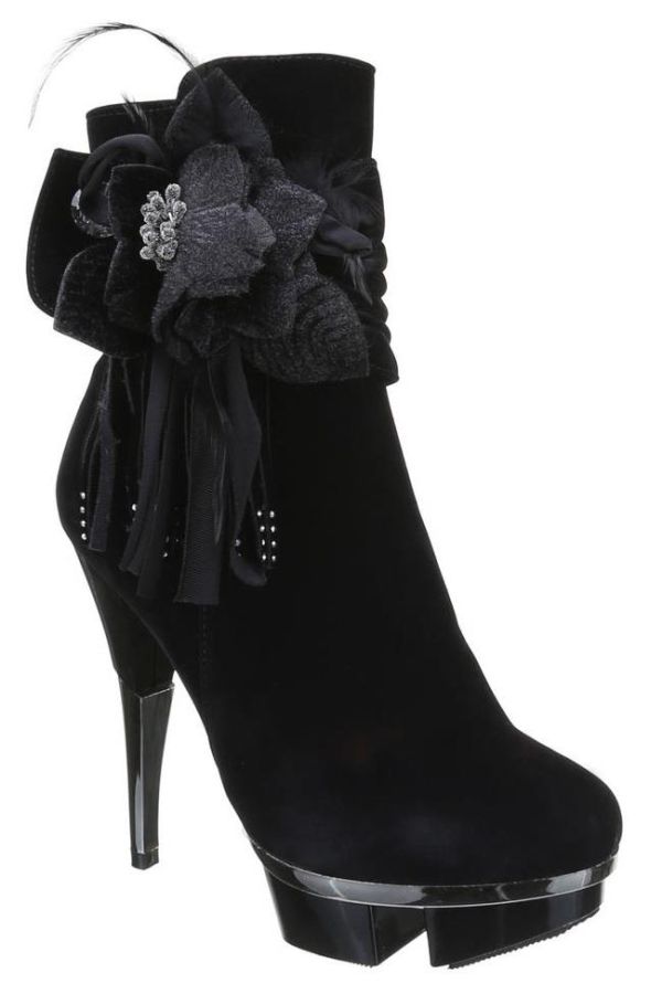 high heels suede ankle boot decorated with feathers and strass silver heel black