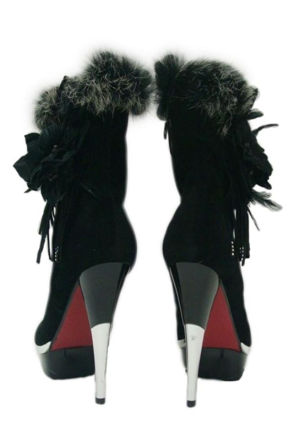 high heels suede ankle boot decorated with fur and strass silver heel black