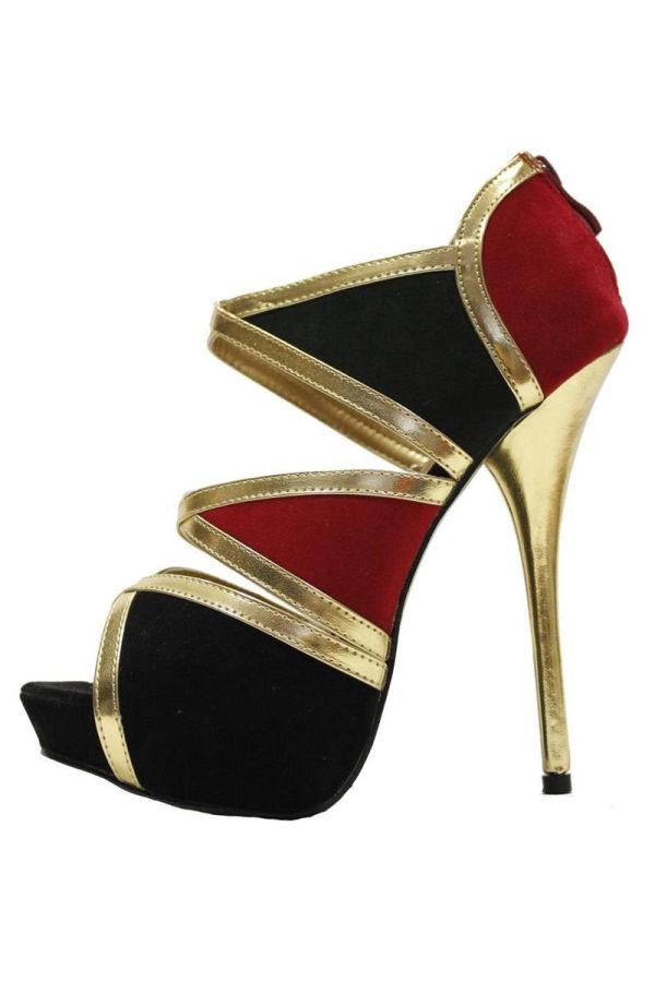 stylish high heel suede sandal with platform golden panels black red
