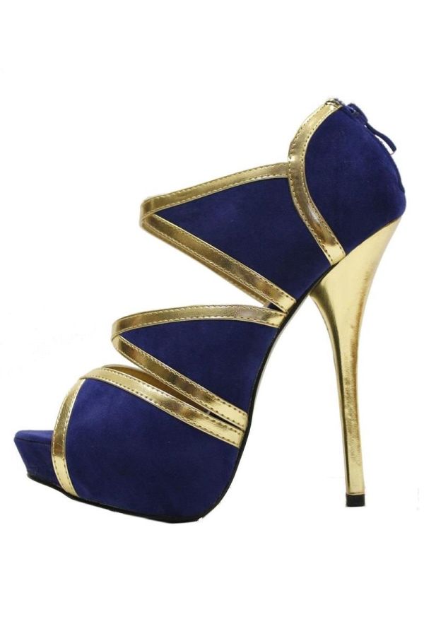 stylish high heel suede sandal with platform golden panels and heel blue