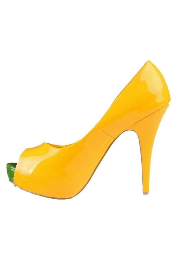 κίτρινη λουστρίνι peep toe γόβα πράσινη λεπτομέρεια