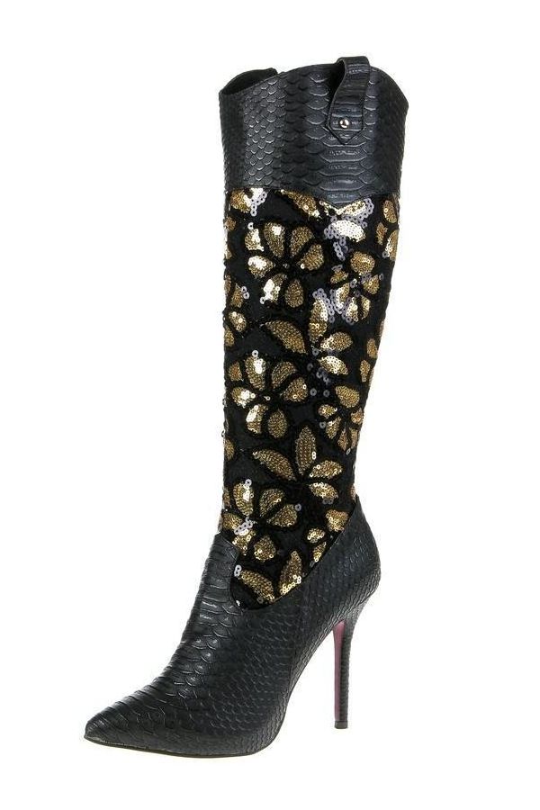 εντυπωσιακή μυτερή γυναικεία μπότα σε φίδι σχέδιο διακοσμημένη με χρυσές πούλιες μαύρη