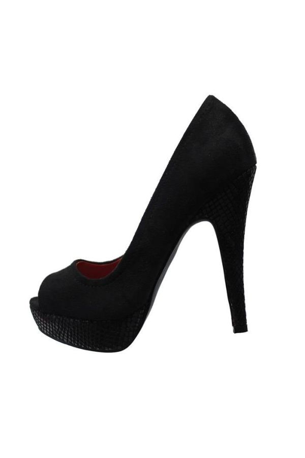 classic suede peep toe pump with croco pattern black