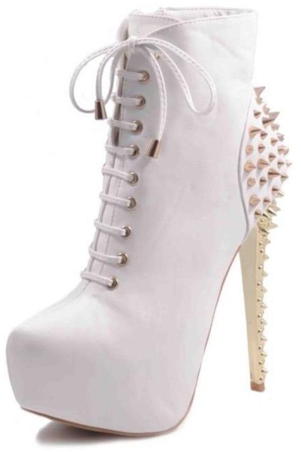 exclusive high heels ankle boot with cords decorated with gold studs white