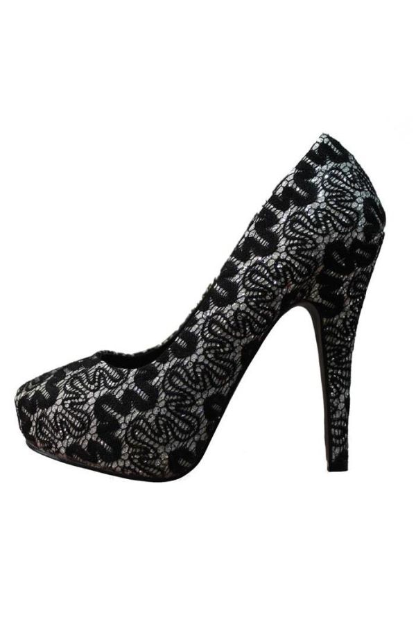 elegant formal semi pointed formal pump decorated with embroideries black silver