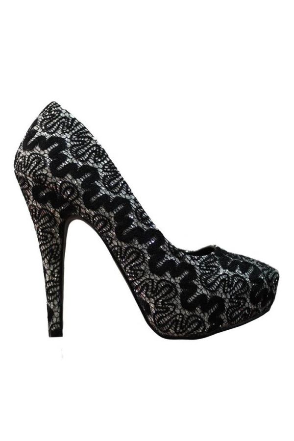 elegant formal semi pointed formal pump decorated with embroideries black silver
