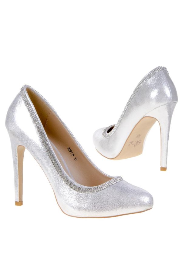 satin formal semi pointed pump decorated with strass silver