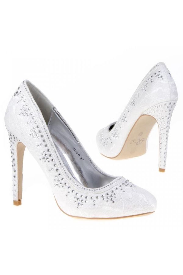 bridal semi pointed pump decorated with crystalized stones white