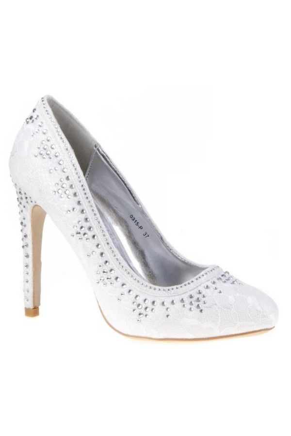 bridal semi pointed pump decorated with crystalized stones white