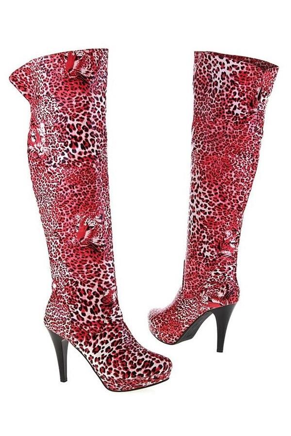 exclusive knee boot black heel leopard red
