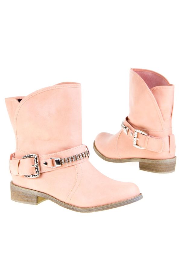 woman ankle boot decorated with silver metallic buckle pink