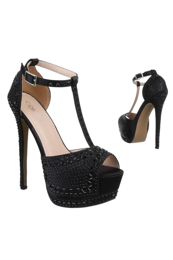 formal satin high heel sandal with internal platform decorated with crystallized stones black