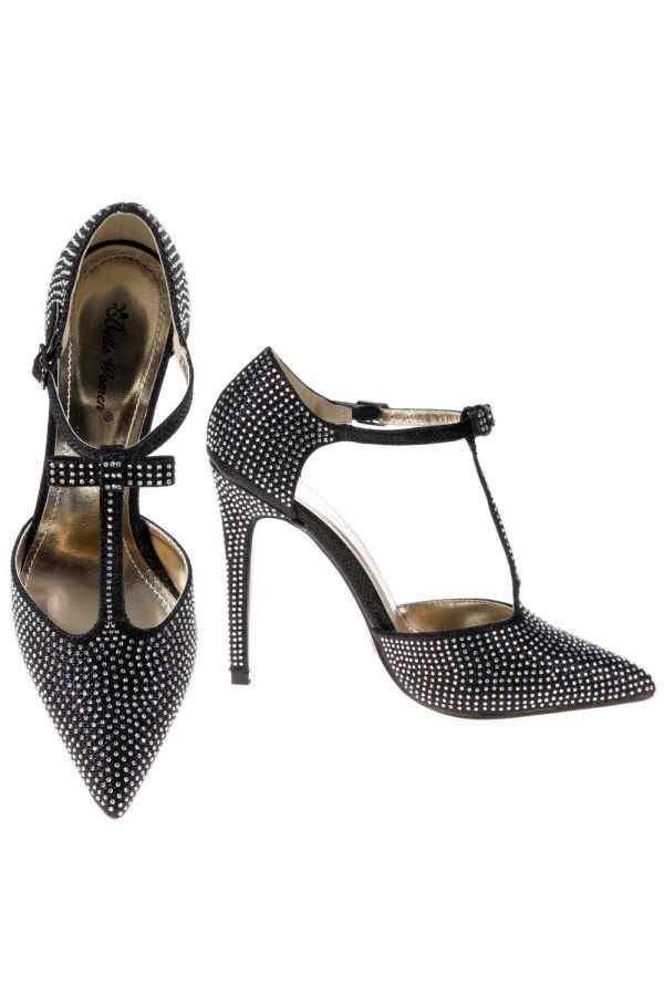 exclusive formal pointed suede pump with strap decorated with strass black