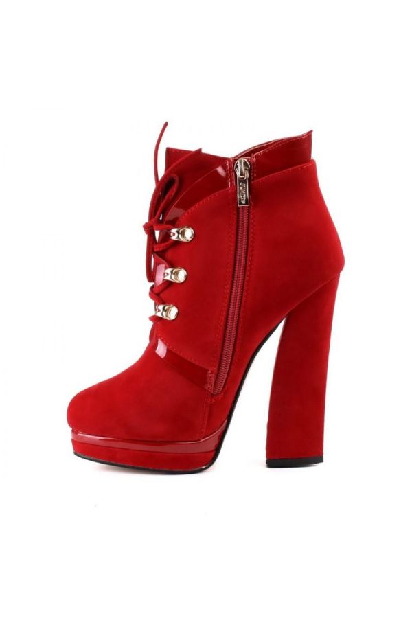 high heels ankle boot with cords and patent panels red