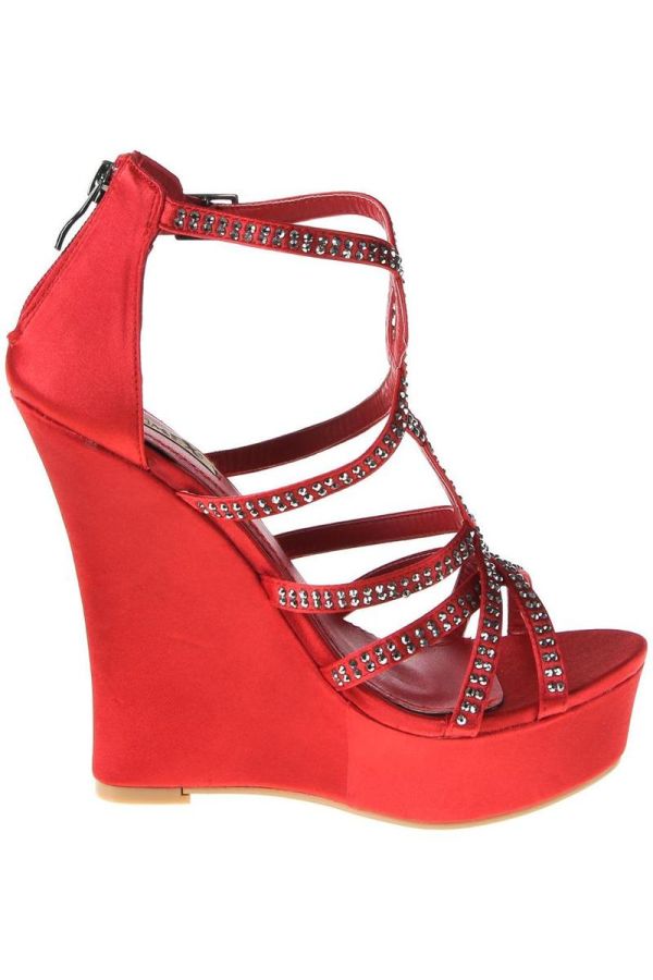 formal satin platform sandal decorated with strass red