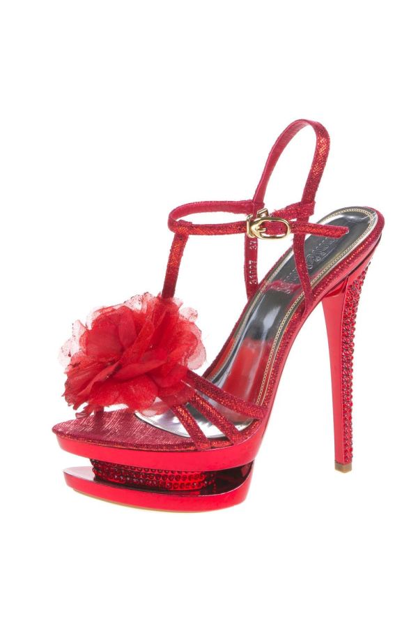 high heel σατέν πέδιλο διακοσμημένο με στρας και φιόγκο κόκκινο ροζ