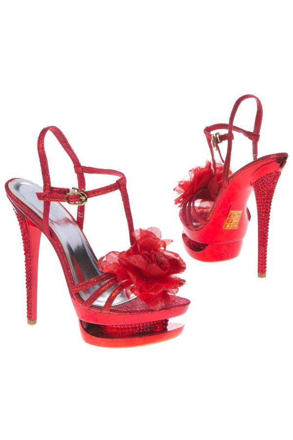 high heels satin sandal decorated with strass and bow red-pink