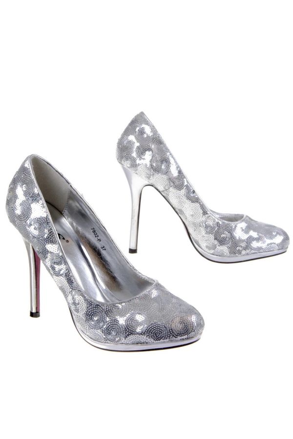 satin formal semi pointed pump decorated with sequins silver