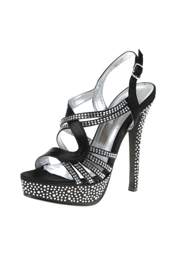formal satin high heel sandal with platform decorated with silver strass black