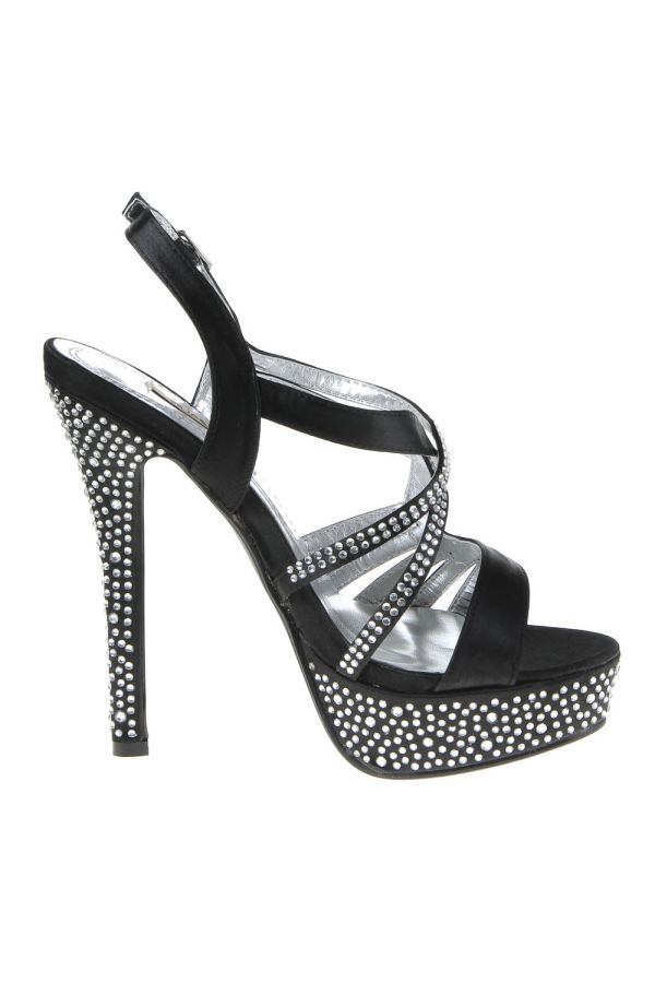 formal satin high heel sandal with platform decorated with silver strass black