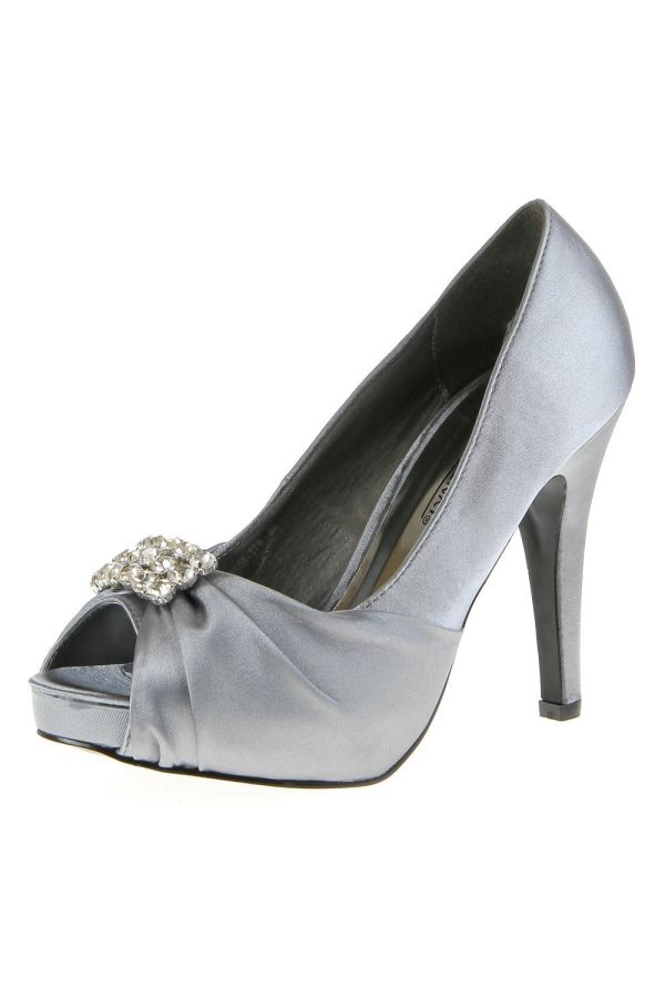 formal satin peep toe pump with metallic decoration and strass silver