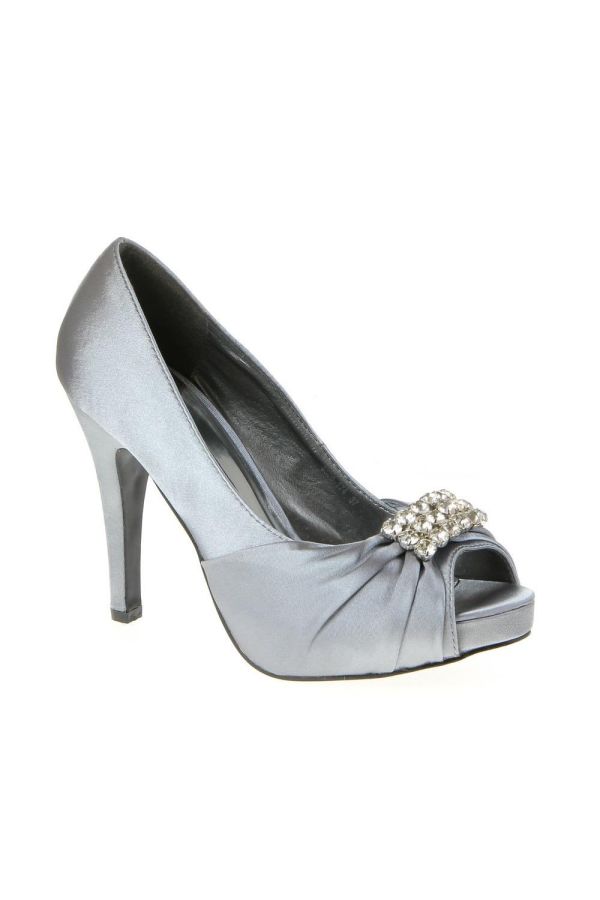 formal satin peep toe pump with metallic decoration and strass silver
