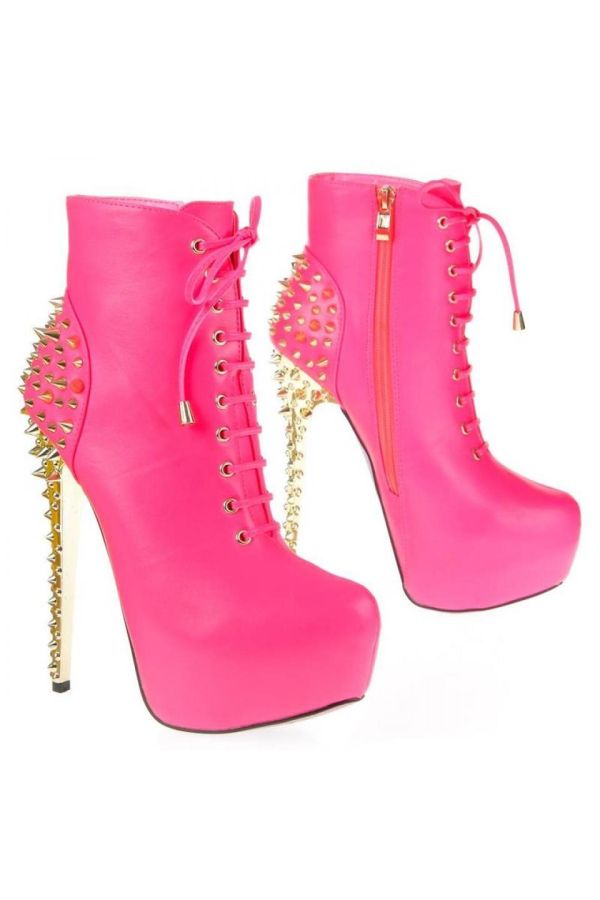 exclusive high heels ankle boot with cords decorated with gold studs fuchsia