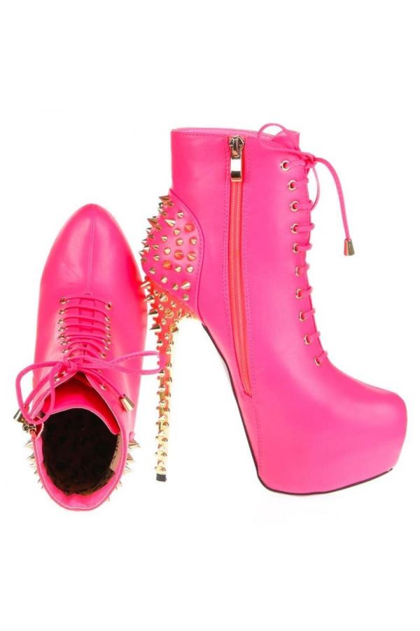 exclusive high heels ankle boot with cords decorated with gold studs fuchsia